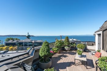 Rooftop views of space needle and elliott bay